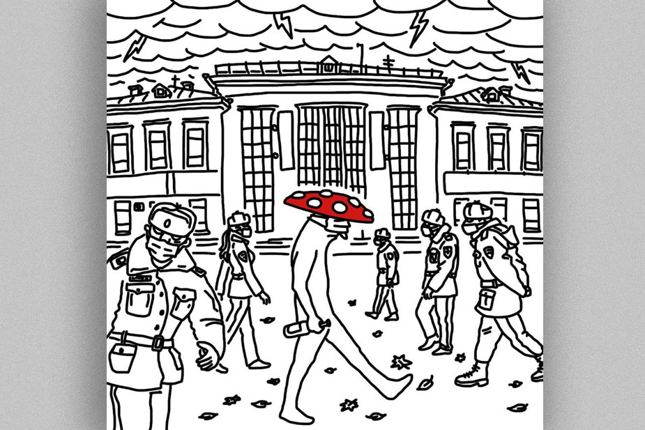 На иллюстрации изображен один из двух железнодорожных вокзалов города — «Рязань-1», патрулируемый полицейскими в масках (отсылка к слухам о первом случае коронавируса в Рязанской области) и главный герой — мухомор, который надел медицинскую маску неправильно — на глаза (отсылка к новости о китаянке, которая надела медицинскую маску на глаза и мему «Если ты не видишь вирус, вирус не видит тебя»)